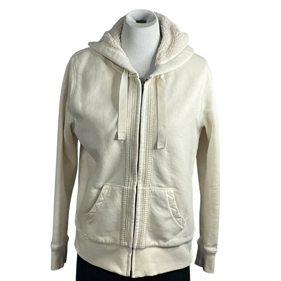 Eddie Bauer Jacket Women Large  White Full Zip Long Sleeve Hooded Sherpa Lined - Picture 1 of 11
